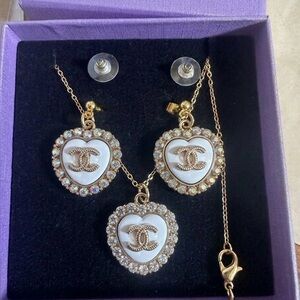 Upcycled Gold and White Heart Earrings and Necklace Set